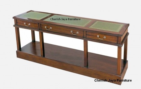 WLL 200-ML  Name: Side Table Size: W=160 x D=45 x H=66 cm Wood: Mahogany ************************* WLL 201-ML  Name: Side Table Size: W=160 x D=45 x H=80 cm Wood: Mahogany  All drawers from all designs with wooden rail. With Leather and Gold print.